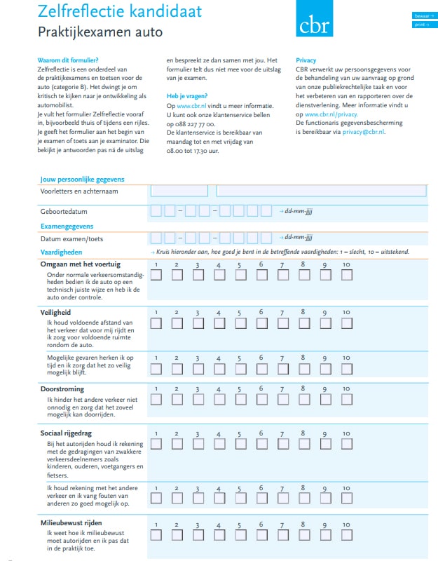 zelfreflectieformulier cbr examen